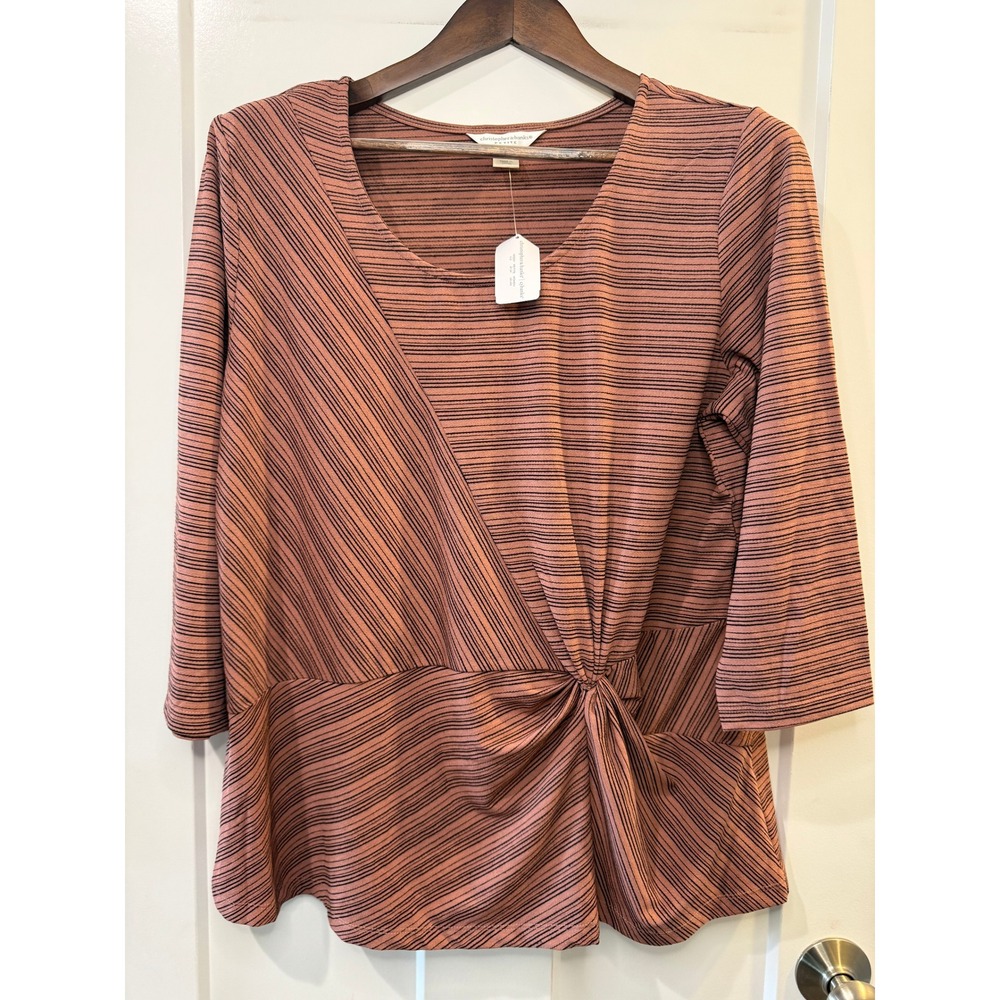 Christopher & Banks Petite Mauve Striped Twist Front 3/4 Sleeve Top P/XL NWT